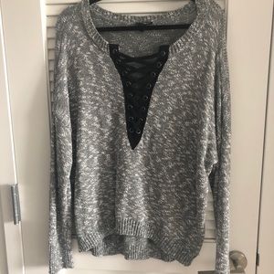 Cozy Sweater with Lace Up V-Neck Detail